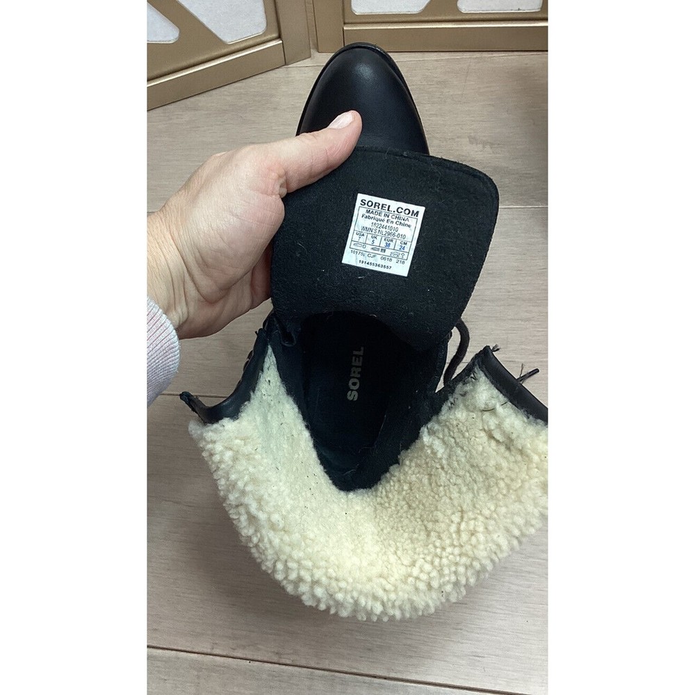Sorel Women After Hours Lace Up Shearling Black Leather Wedge Boots fur collar 7 - Picture 10 of 11
